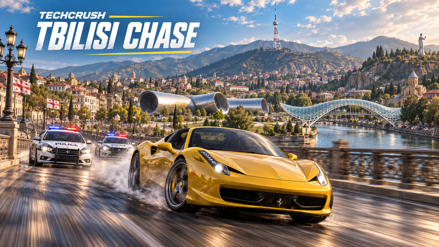 TECHCRUSH Tbilisi Chase cover: sports car, patrols and Tbilisi skyline